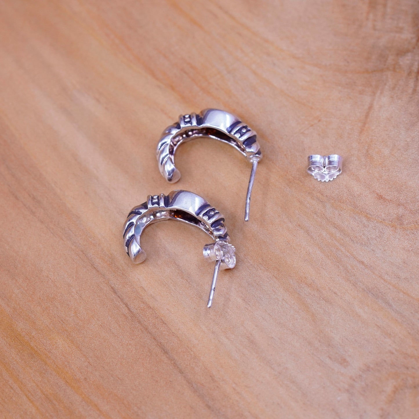 0.5”, vintage Sterling silver handmade earrings, 925 huggie hoops with ruby
