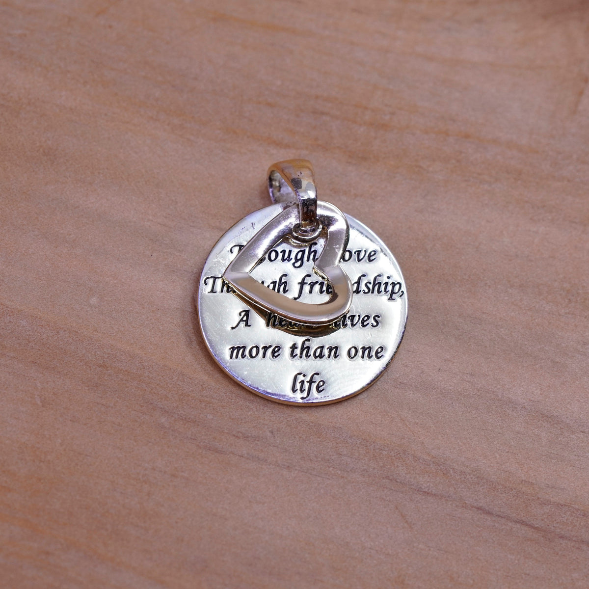 vermeil Sterling silver quote pendant, 925 circle “love through friendship