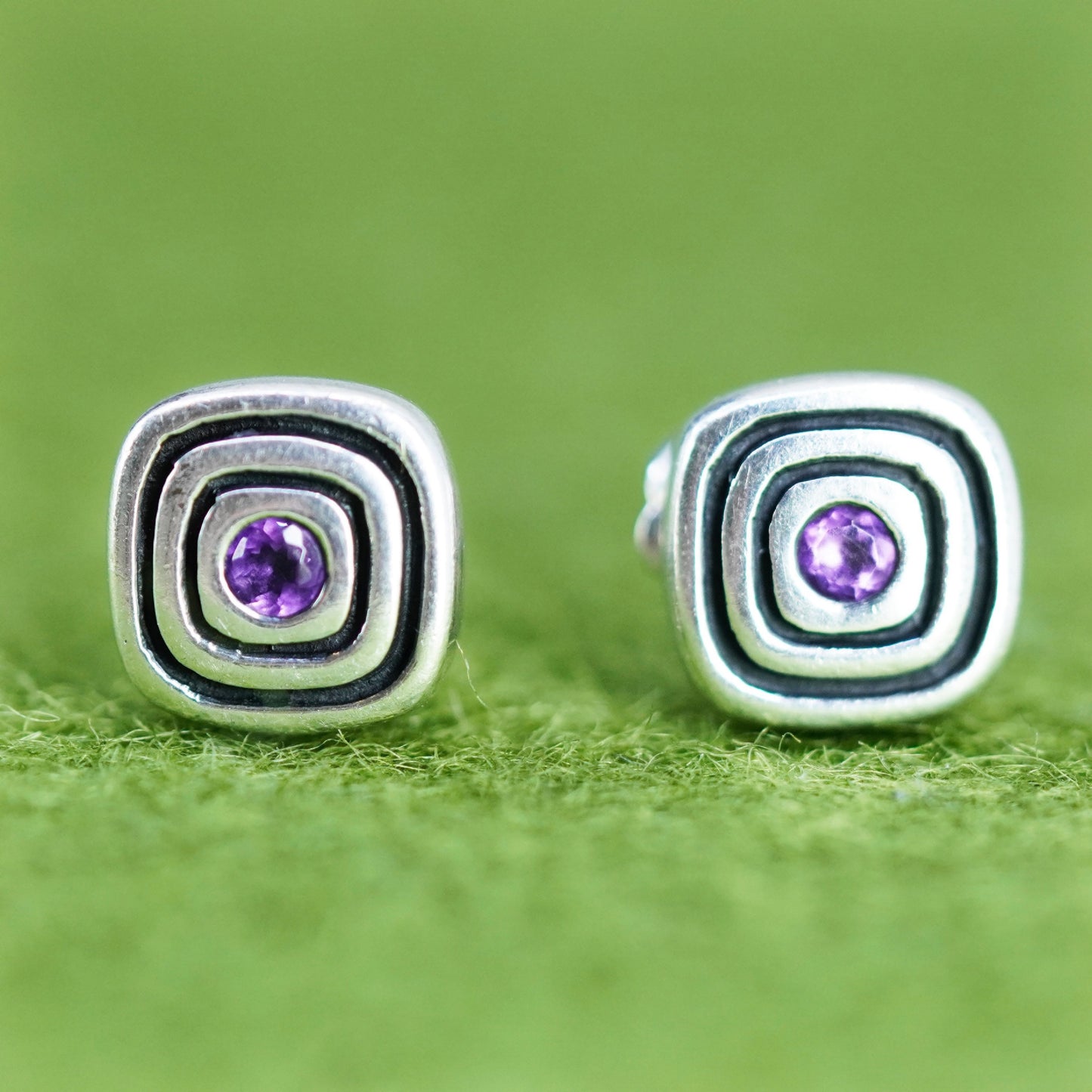 Vintage sterling silver handmade earrings, 925 square studs with amethyst