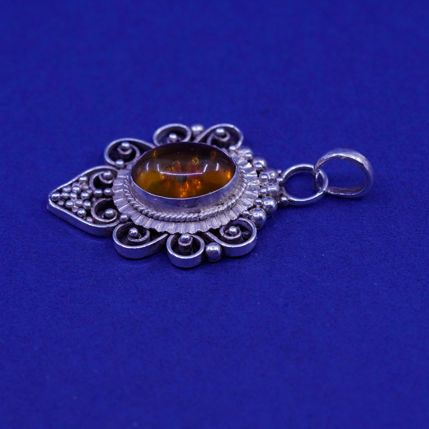 Vintage Sterling 925 silver handmade pendant with amber and beads