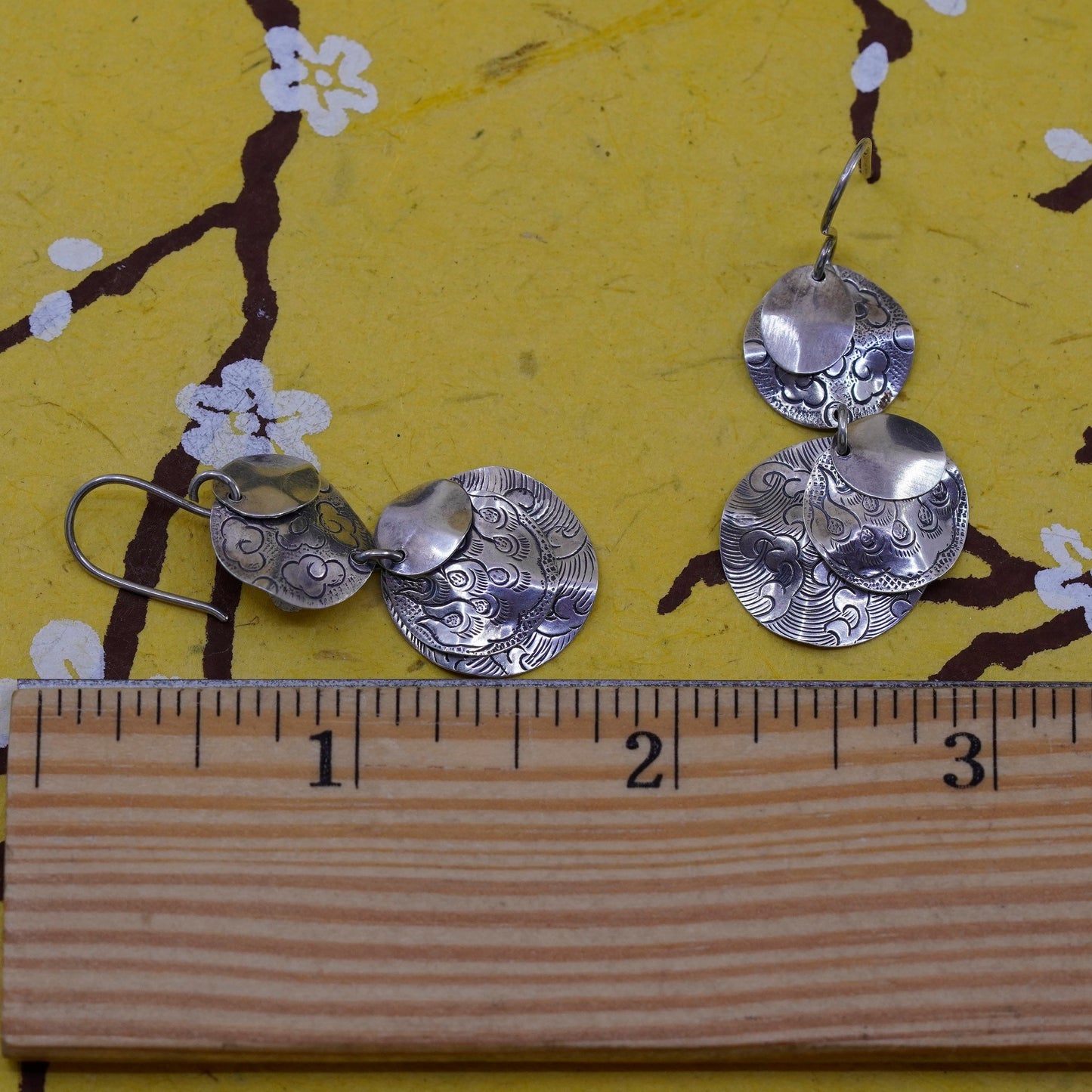 Rare Sterling silver handmade earrings, 925 Tri Textured round textured discs