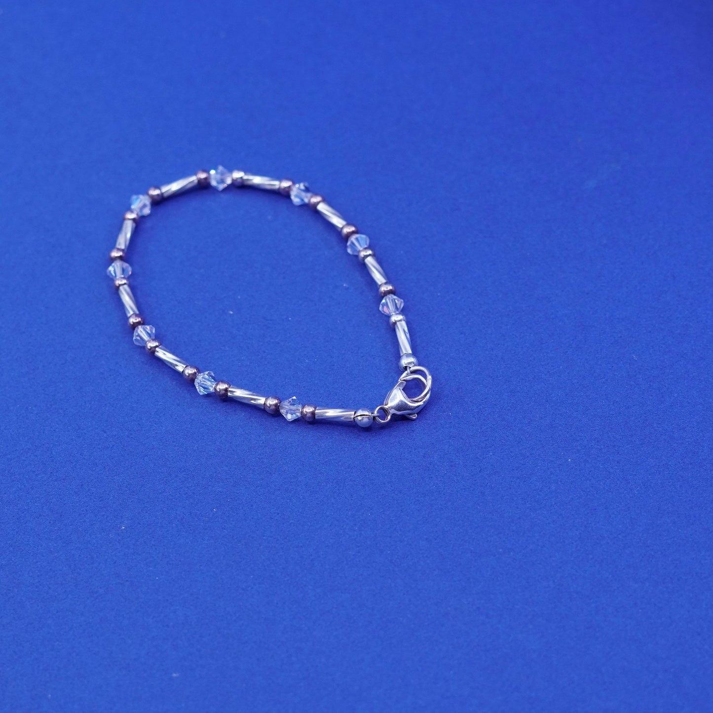 6.25”, Sterling silver handmade bracelet, 925 twisted bar w/ Swarovski crystal