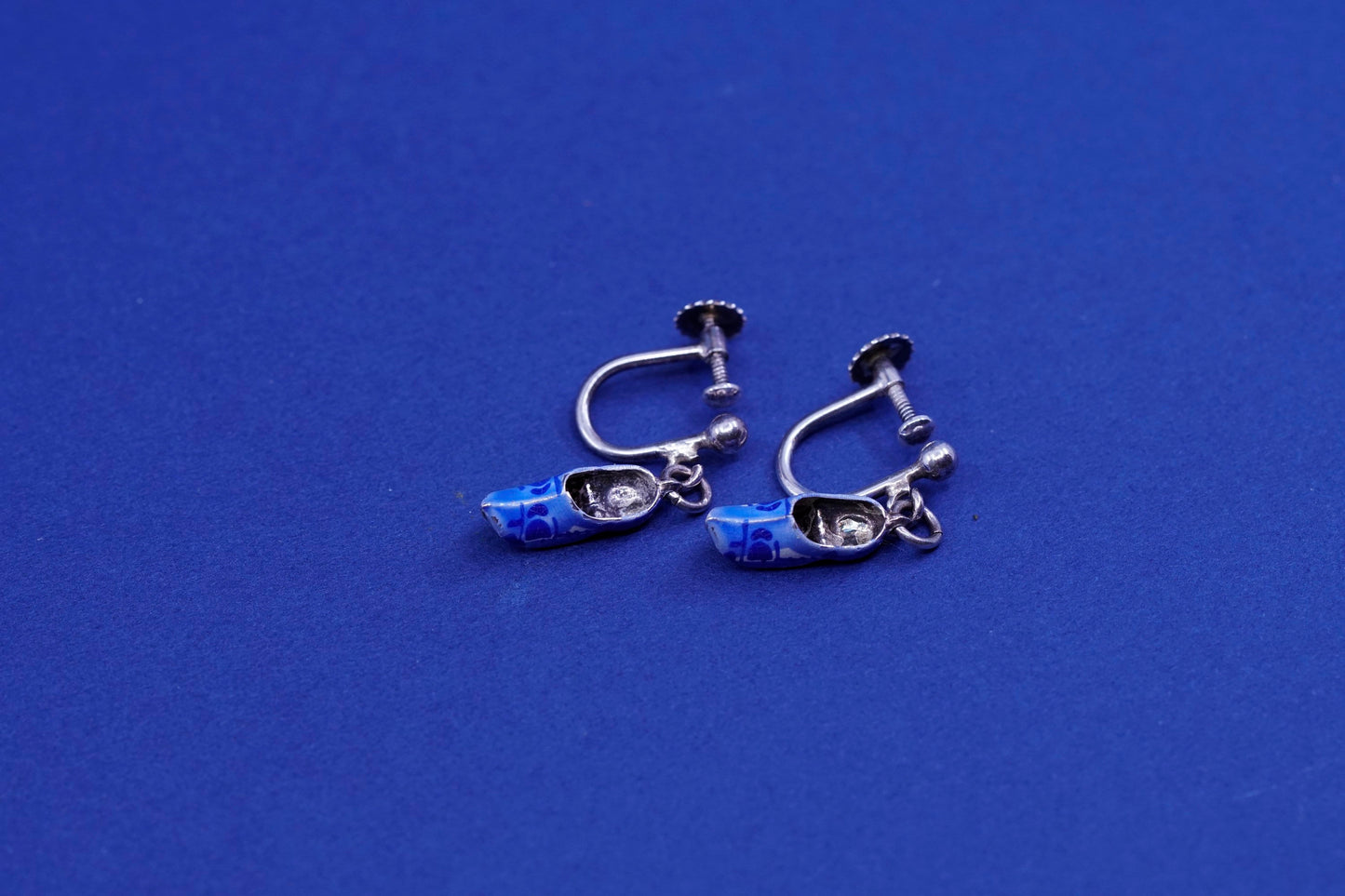 sterling silver handmade earrings, 925 holland wooden shoes drops with enamel