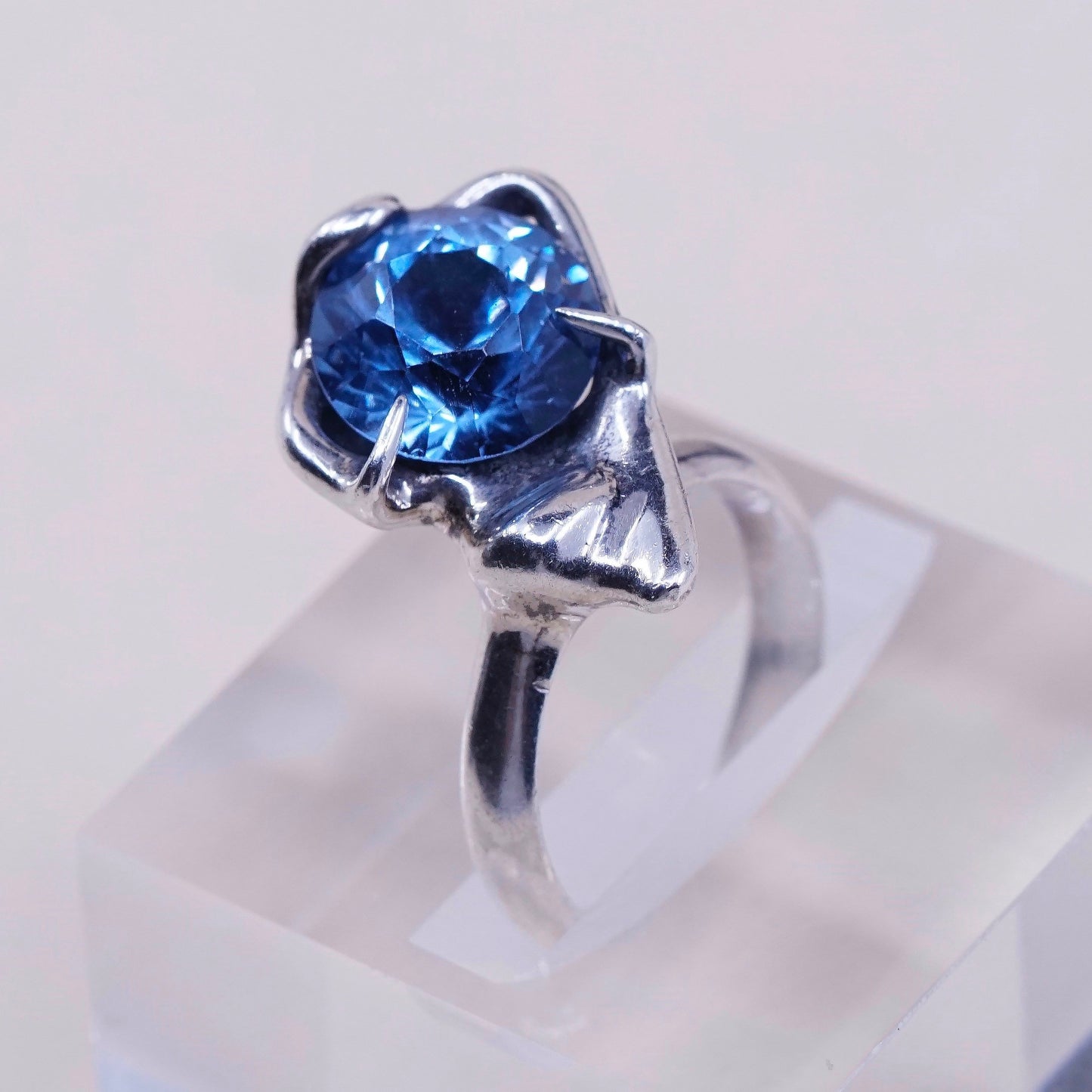 sz 5.5, vintage Sterling 925 silver statement engagement ring with blue topaz
