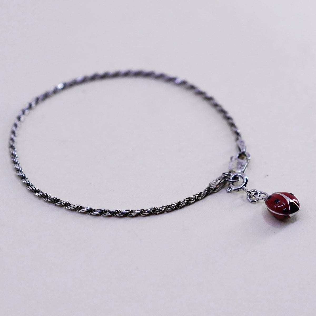 6.75”, sterling silver bracelet, Italy 925 rope chain enamel lady bug charm