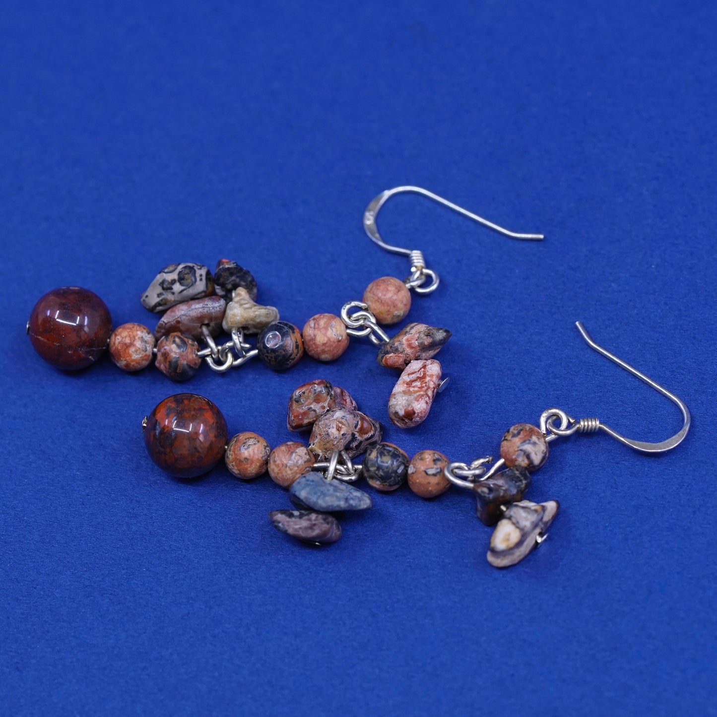 Vintage sterling silver handmade earrings, 925 hooks with jasper