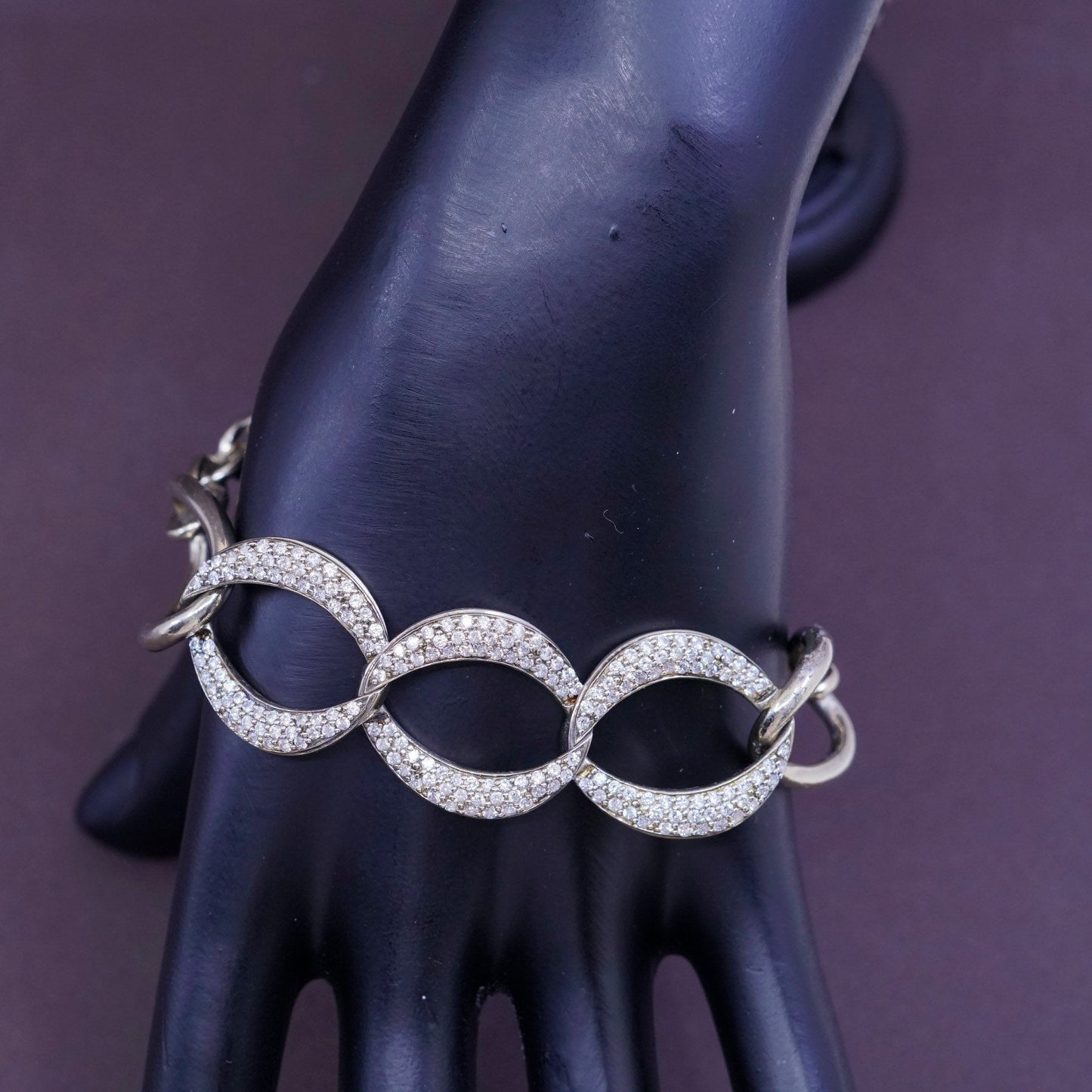 7.25”, vtg Vermeil gold over sterling silver bracelet, 925 oval with cluster Cz