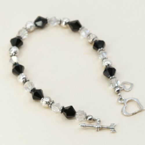 7.25”, Vtg Sterling Silver Handmade Bead Bracelet, 925 Heart Toggle W/ Crystal