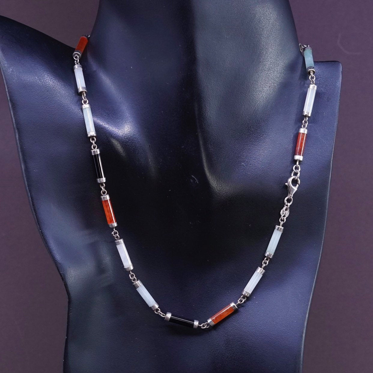 18”, vtg genuine Barrel jadeite jade bar sterling necklace w/ 925 silver