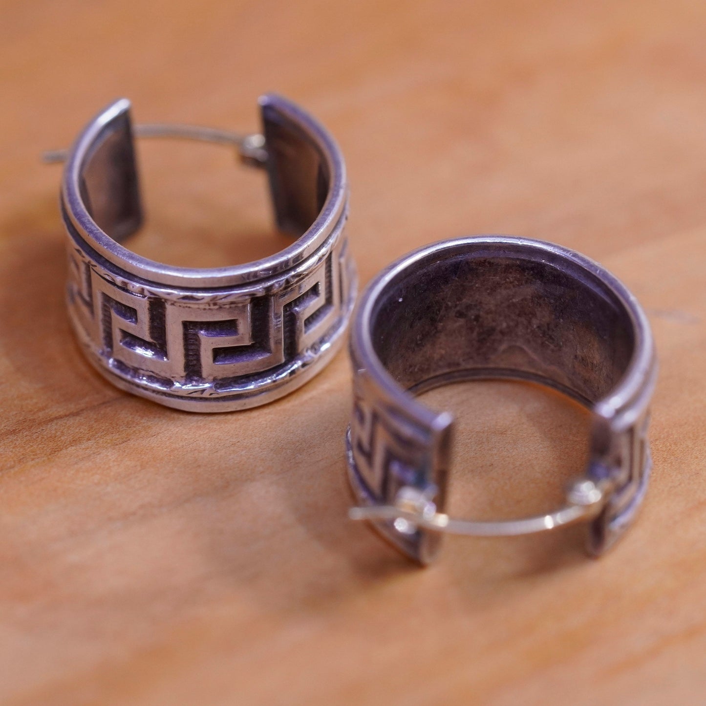 0.75”, Sterling silver handmade earrings 925 Greek key textured hoops 14K posts