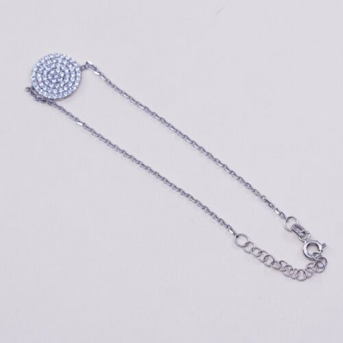 7.25” Vtg Sterling Silver Handmade Bracelet, 925 Circle W/ Cluster Cz Charm
