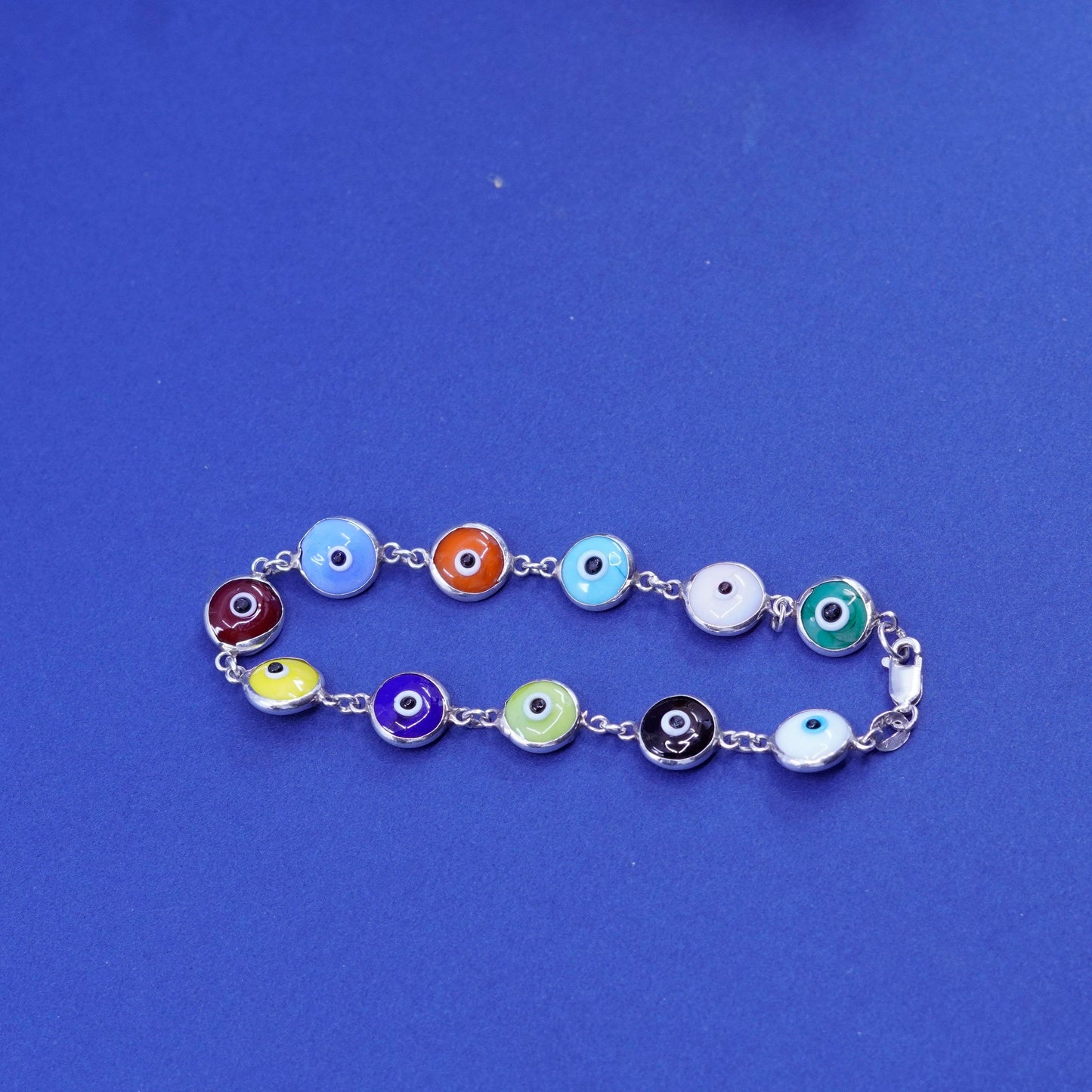 7”, vtg ATI handmade sterling 925 silver bracelet, colorful glass evil eye bead