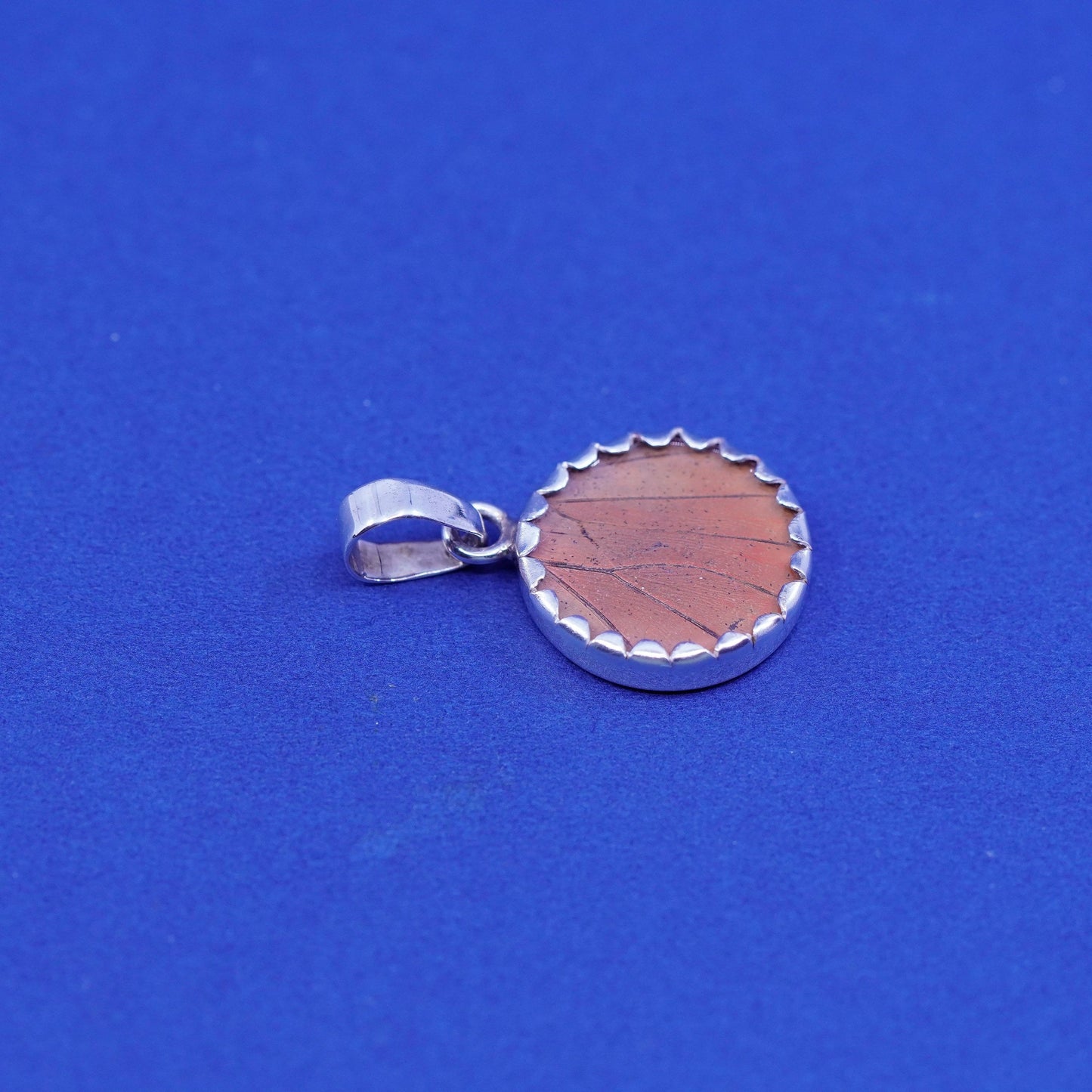 Vintage Sterling 925 silver handmade round pendant w/ resin blue butterfly wing