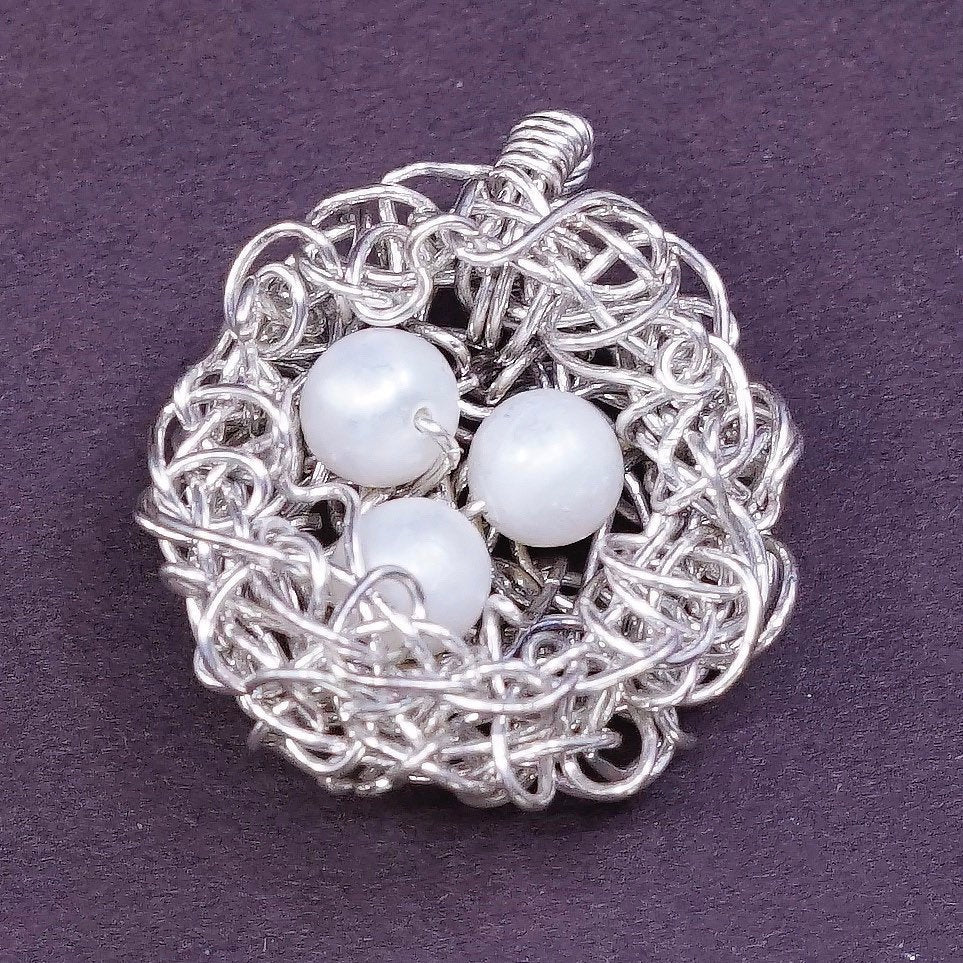 VTG Sterling silver handmade pendant, 925 wired bird nest w/ pearl details