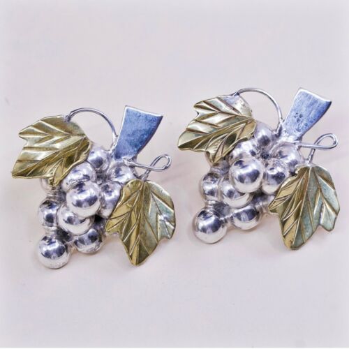Two Tone Sterling Silver Handmade Grapes Earrings, Mexico 925 Studs W/ Leaf Vine