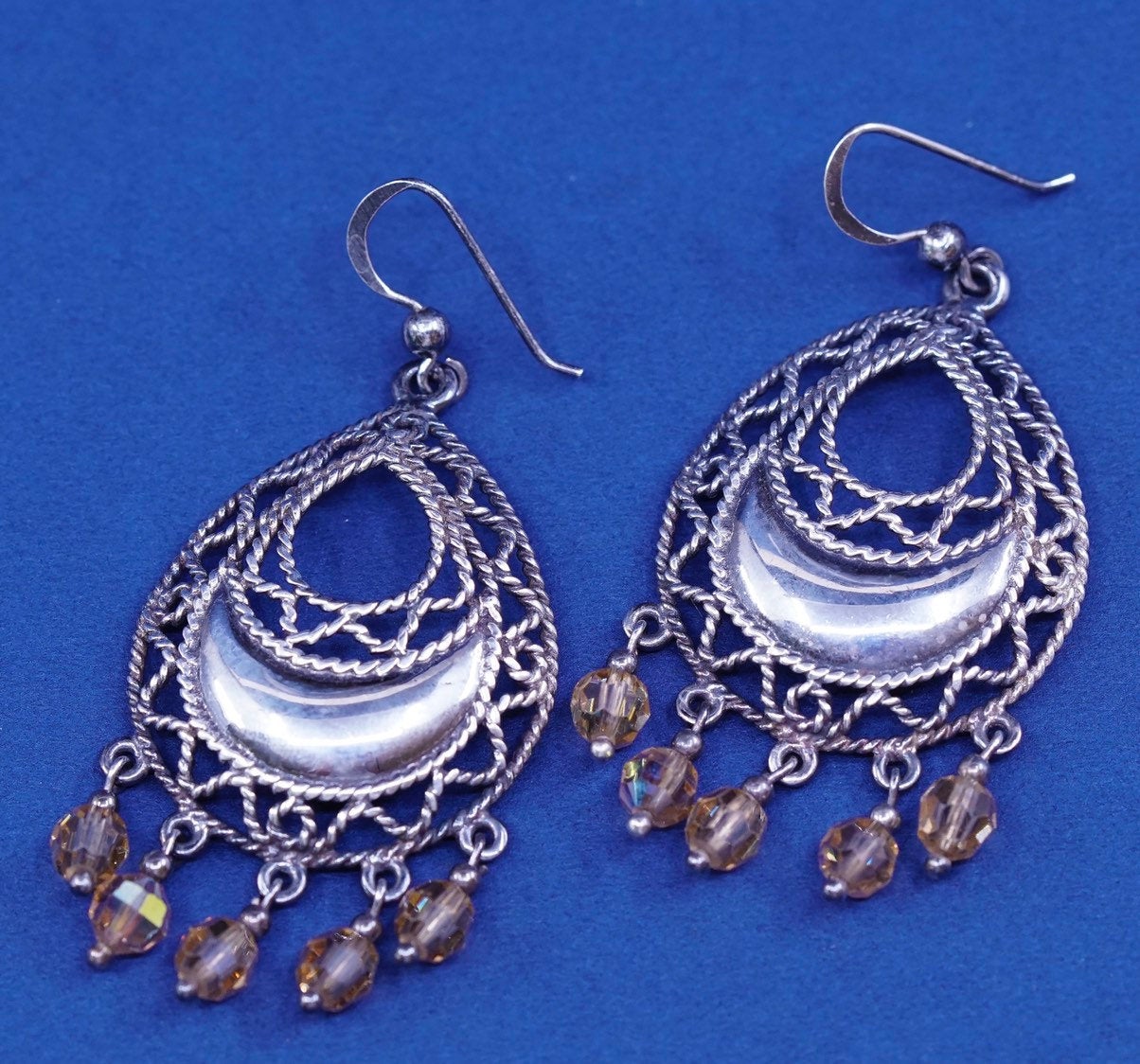 Sterling silver handmade earrings, 925 filigree teardrop drops fringe crystal