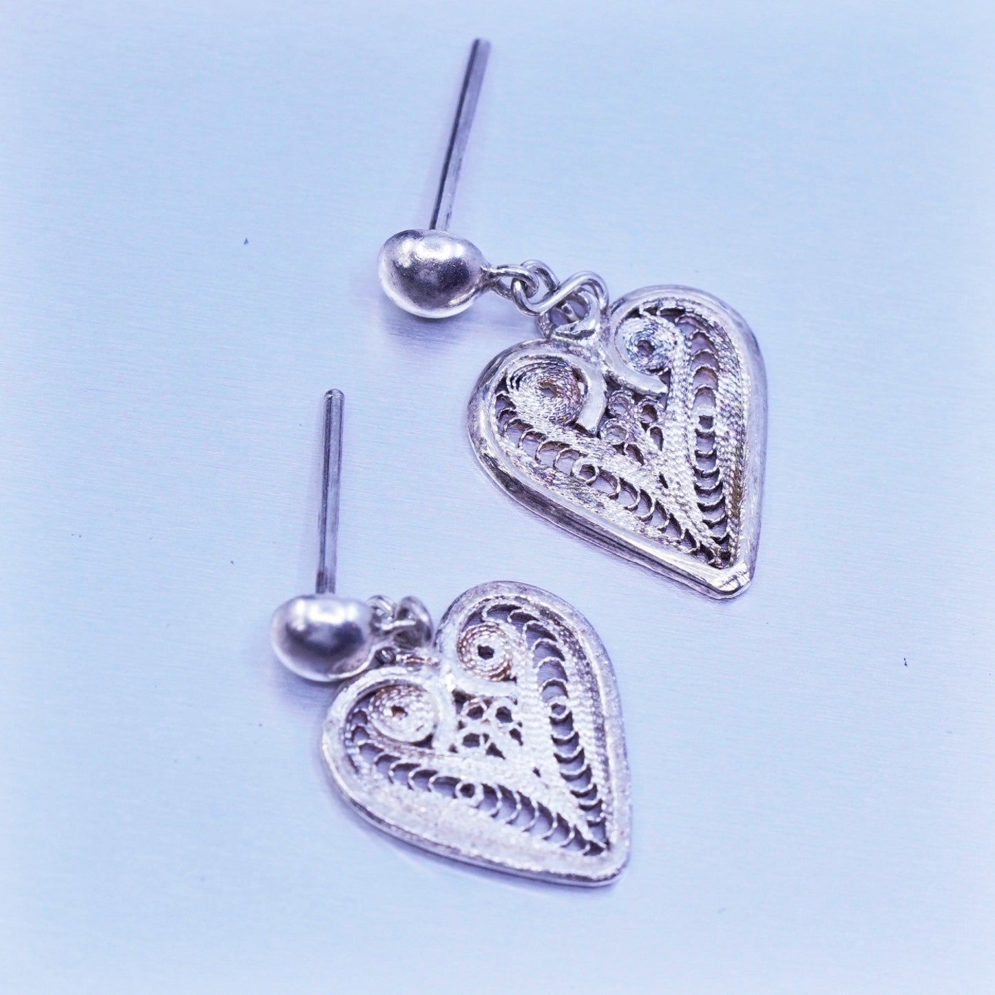 Vintage Sterling 925 silver handmade filigree heart earrings