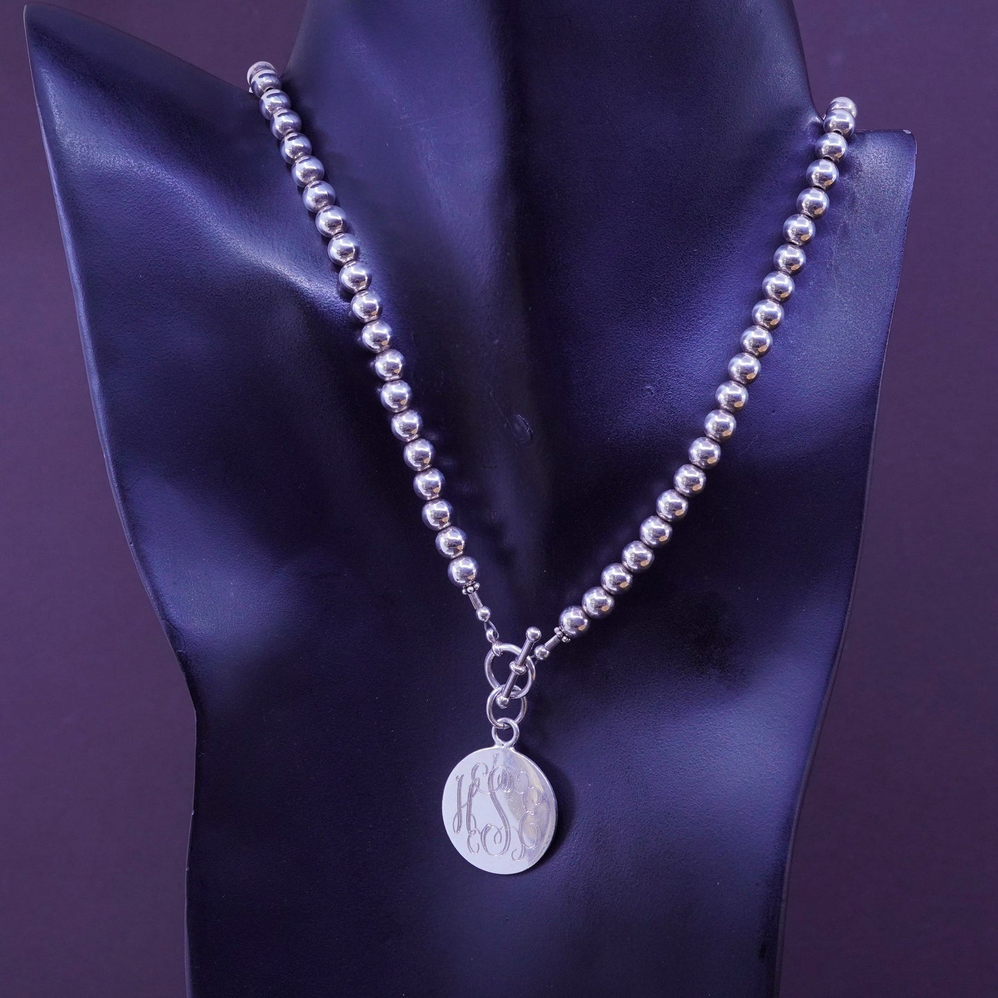 18”, Sterling silver necklace, 925 bead chain with tag monogram ”HSE” pendant