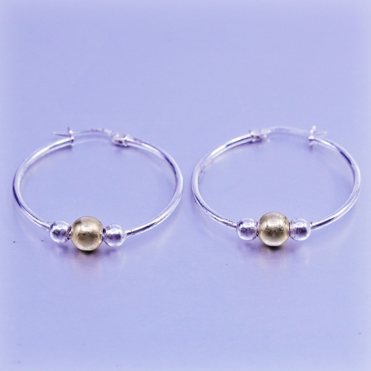 1.25”, VTG Italy two tone Sterling silver handmade earrings, 925 hoops beads