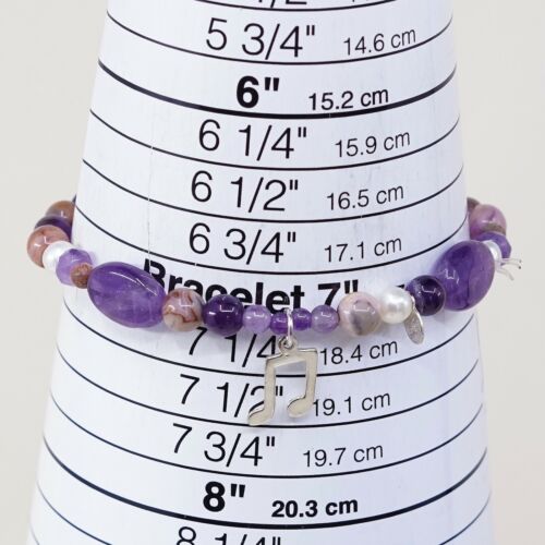 7”, Vtg Amethyst Elastic Bracelet W/ Pearl Beads N Sterling 925 Music Symbol