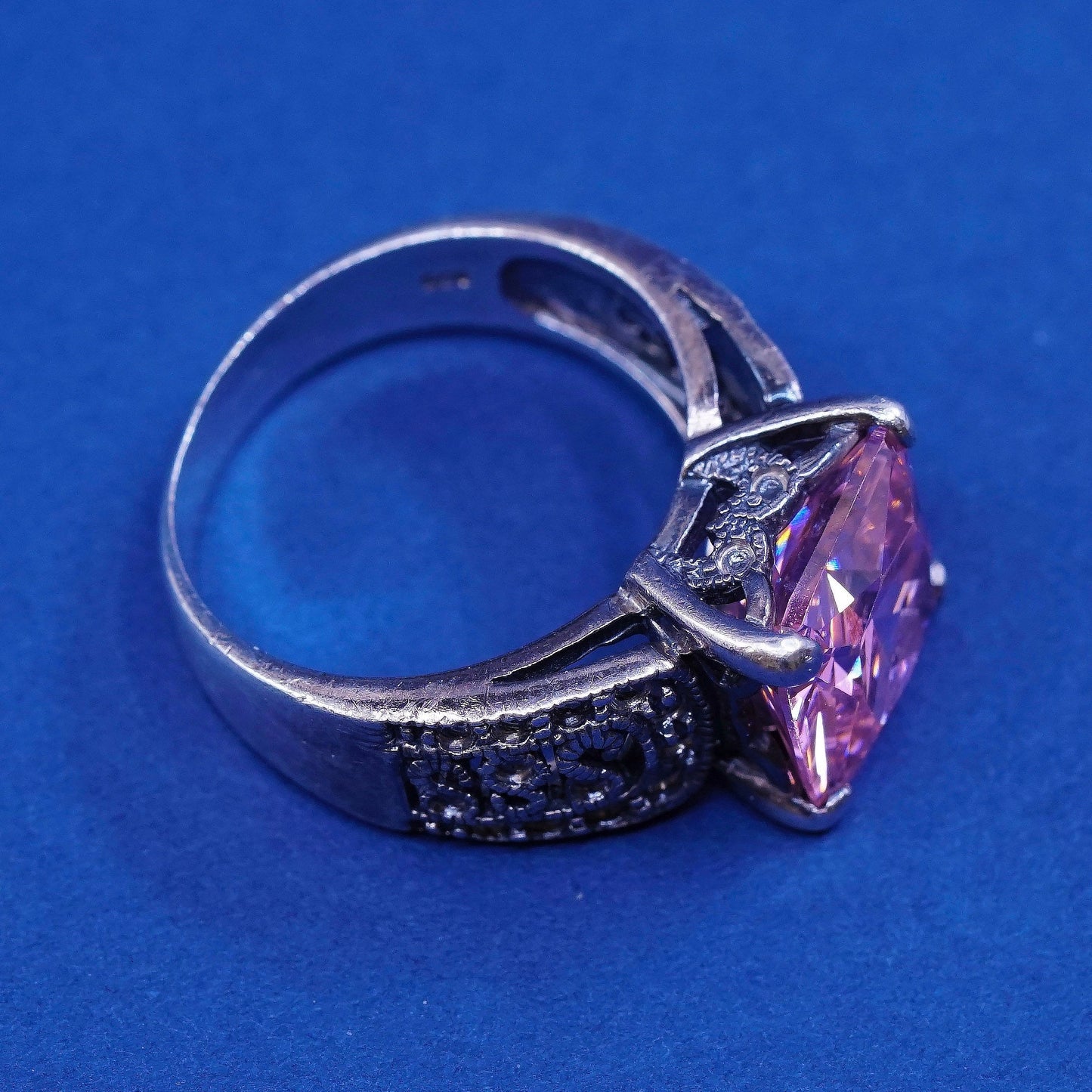 sz 8.25 vtg WS Sterling silver handmade statement ring, 925 w/ pink crystal