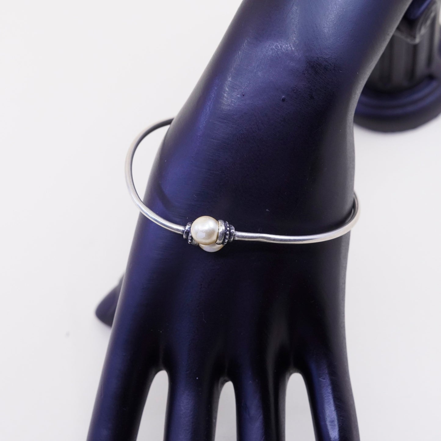 7”, sterling silver contemporary handmade bracelet, 925 wrap cuff faux pearl