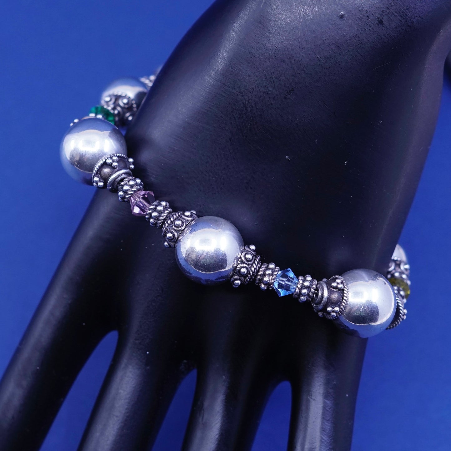 7.75”, vintage sterling 925 silver handmade bracelet with crystal beads