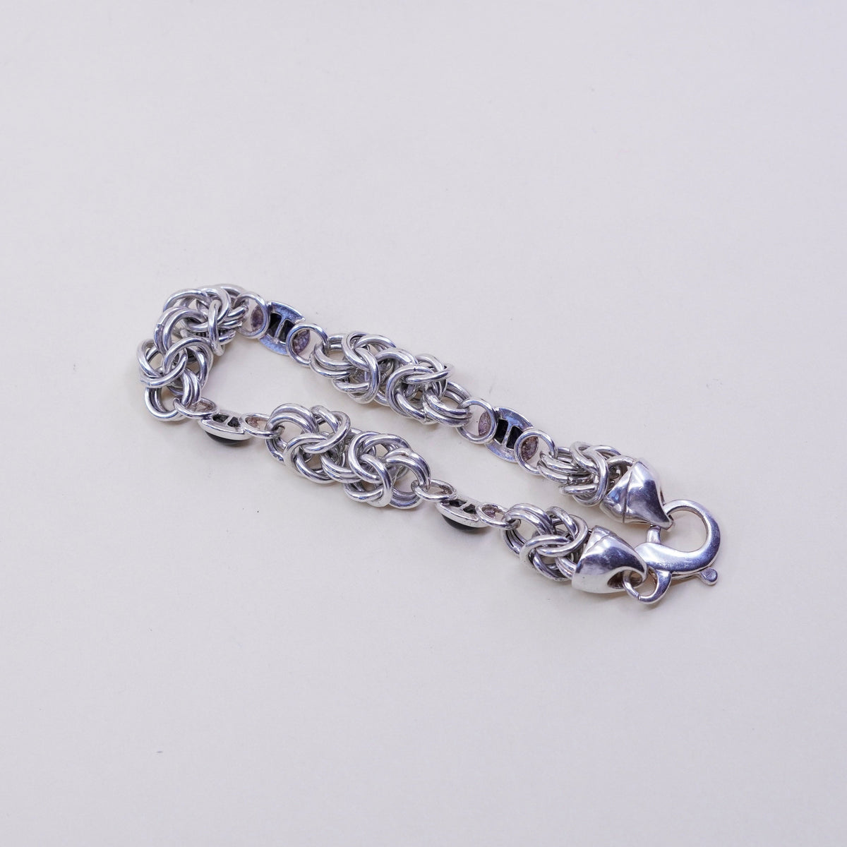 7”, Sterling silver handmade bracelet, 925 Byzantine, birdcage chain N obsidian