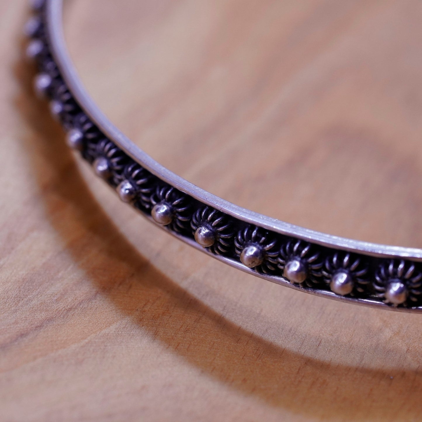 8”, Vintage mexico Sterling silver handmade bracelet, bead textured 925 bangle