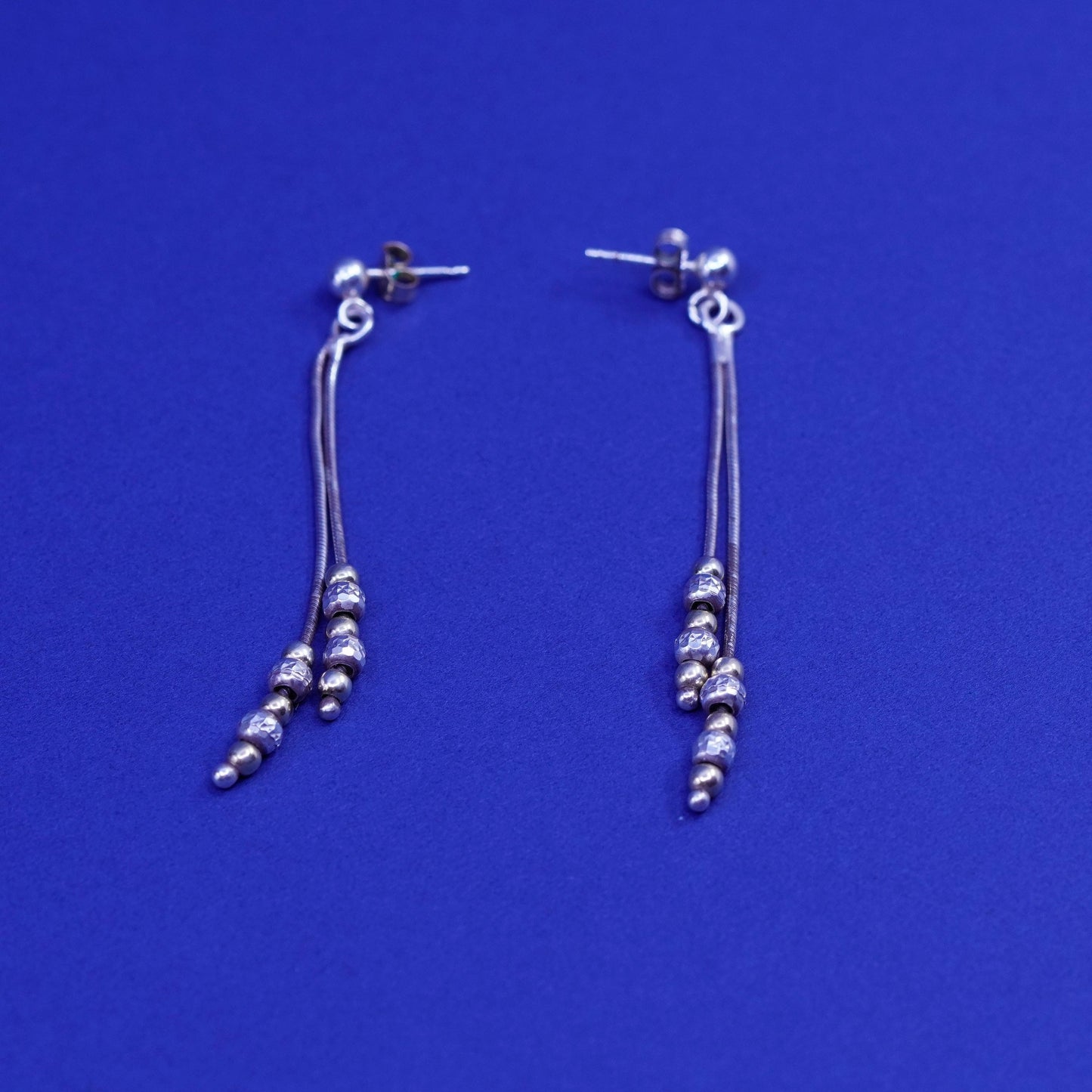 Vintage Sterling 925 silver handmade fringe earrings, snake chain with beads