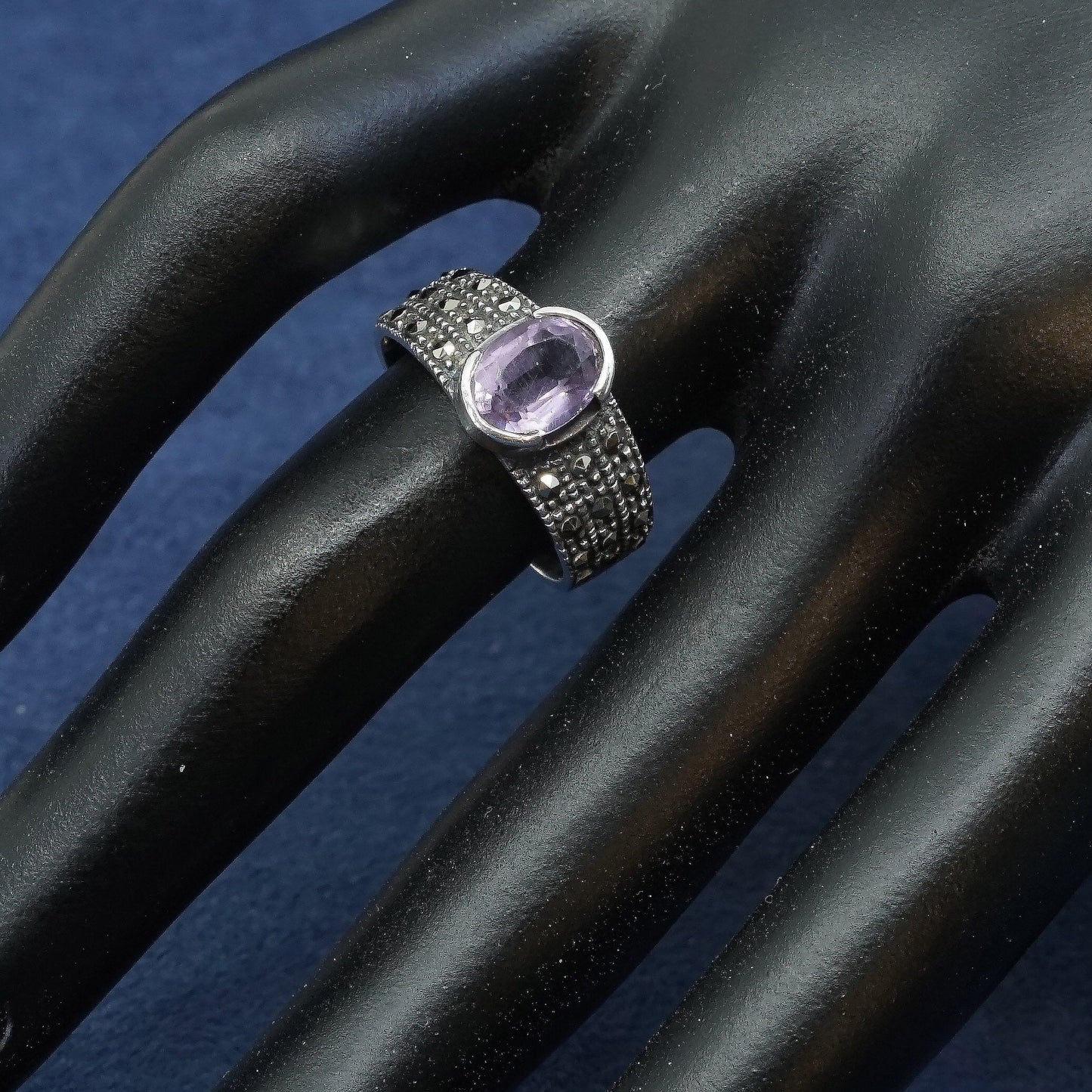 sz 6.5, vtg Sterling silver handmade ring, 925 w/ amethyst N marcasite