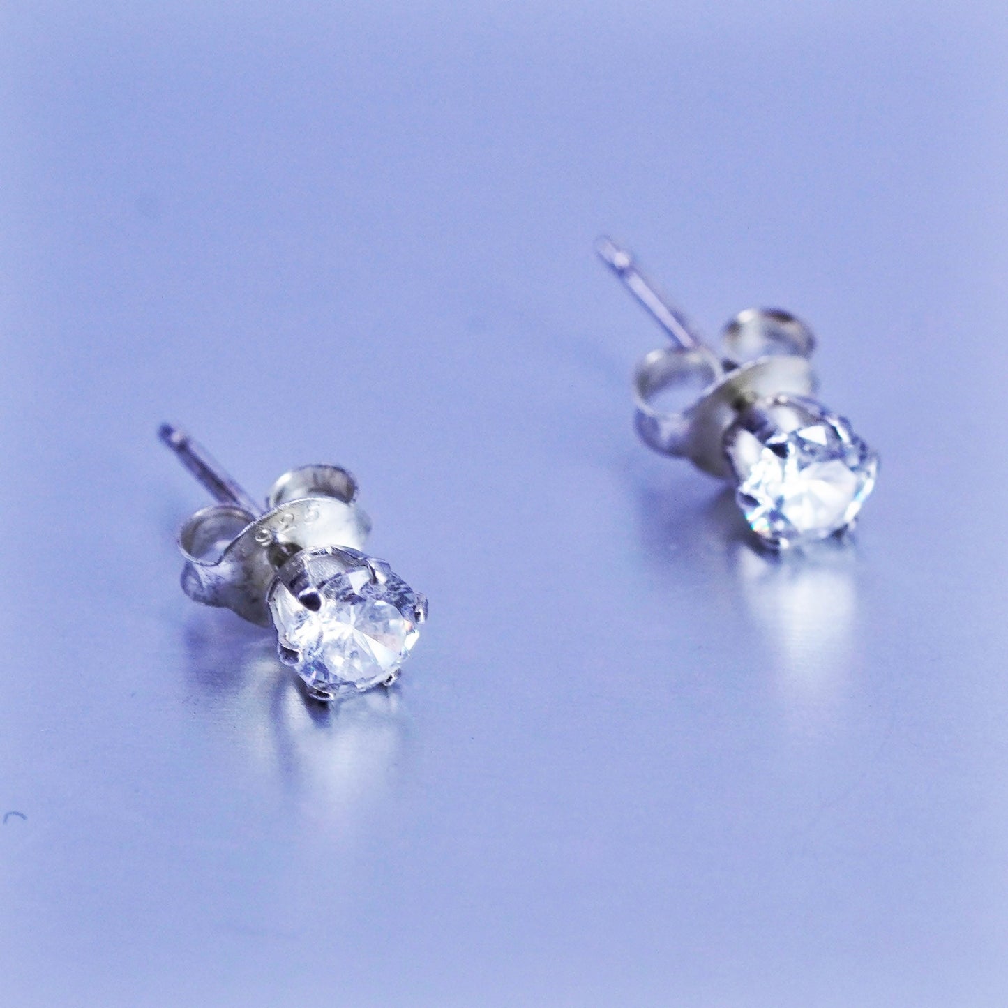 4mm, Vintage Sterling 925 silver earrings, studs with cz inlay