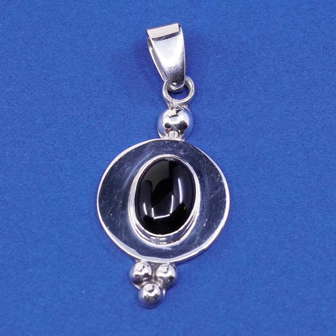 vtg Mexico CII Sterling silver handmade pendant, 925 w/ oval obsidian