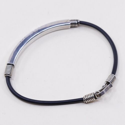 7.25” Vtg Mexico Black Rubber Handmade Bracelet W/ Sterling 925 Silver Slide Bar