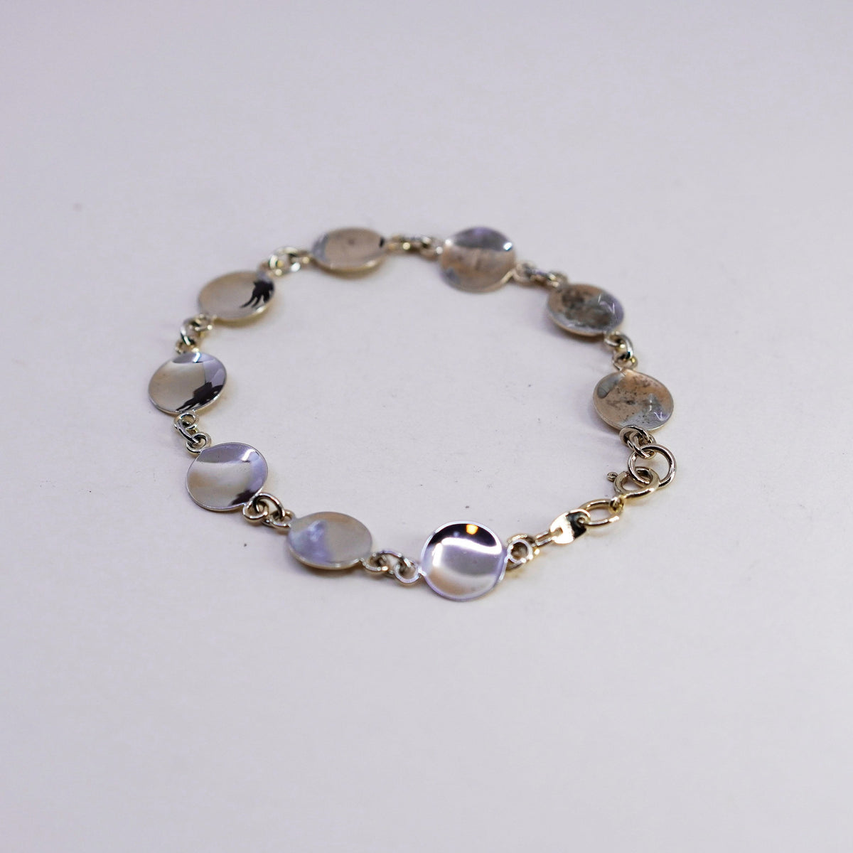 8”, Vintage vermeil gold over sterling 925 silver charm bracelet w/ circle disc