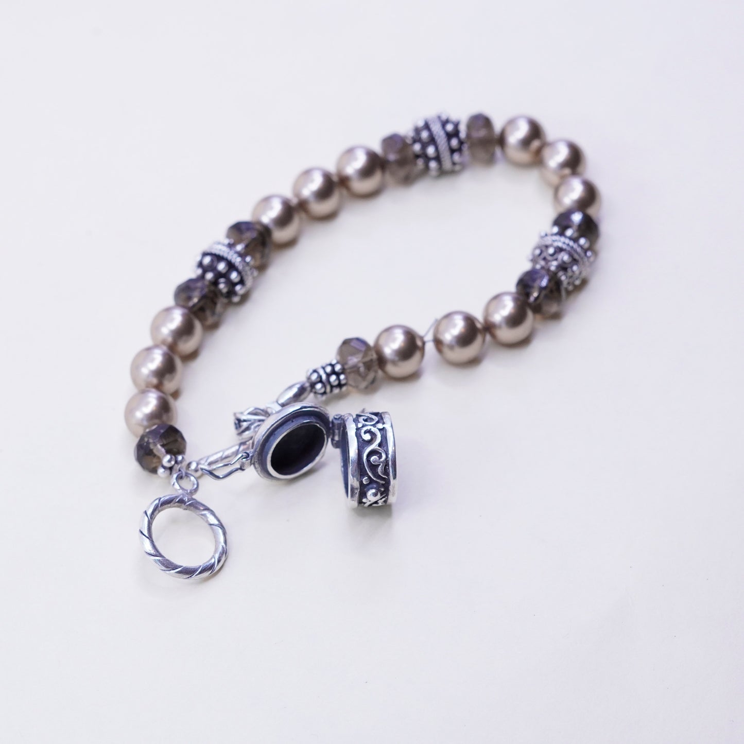 7”, Sterling silver handmade bracelet, 925 beads faux pearl smoky topaz beads