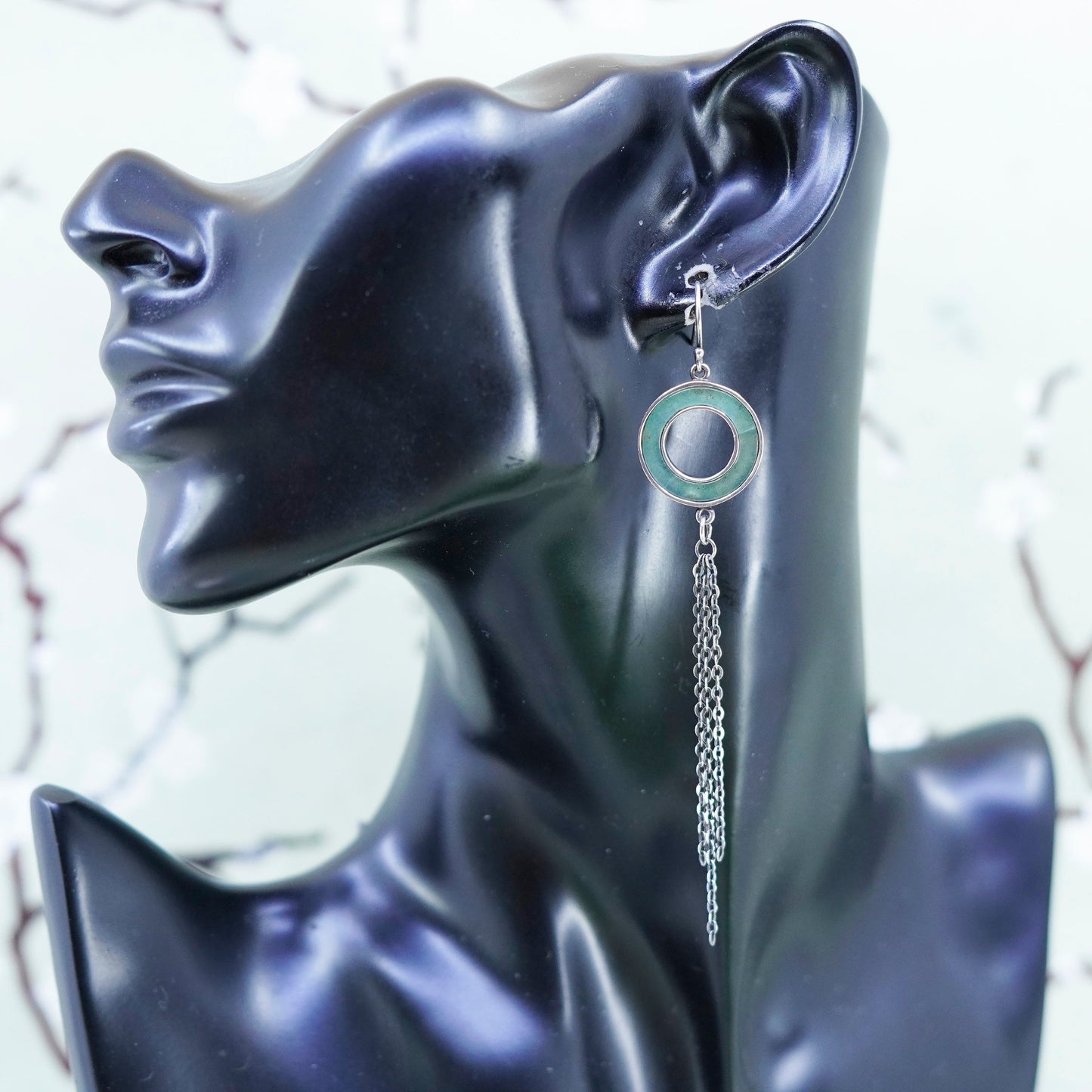 Vintage sterling silver 925 handmade earrings with jade and circle chain fringe