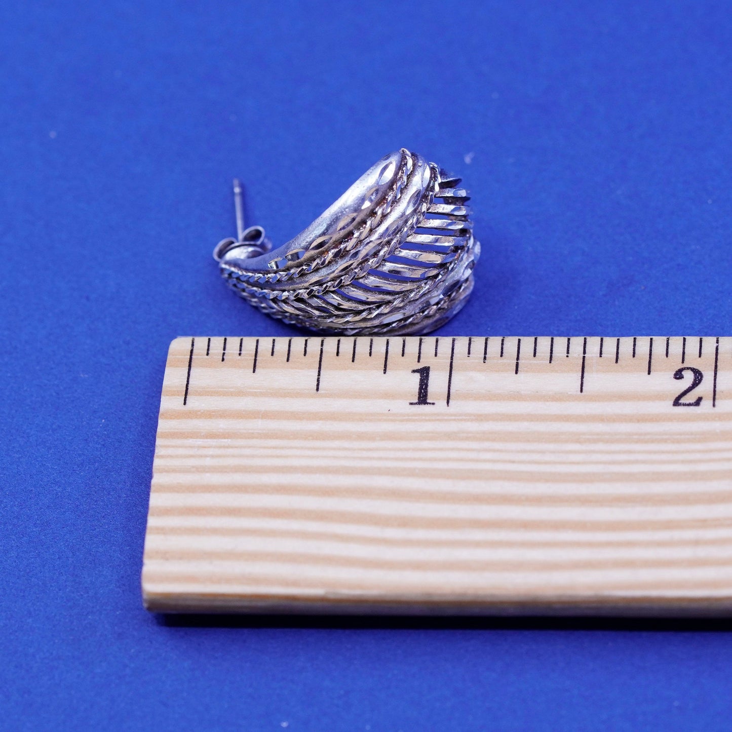Vintage Sterling silver handmade earrings, ribbed 925 Huggie studs filigree
