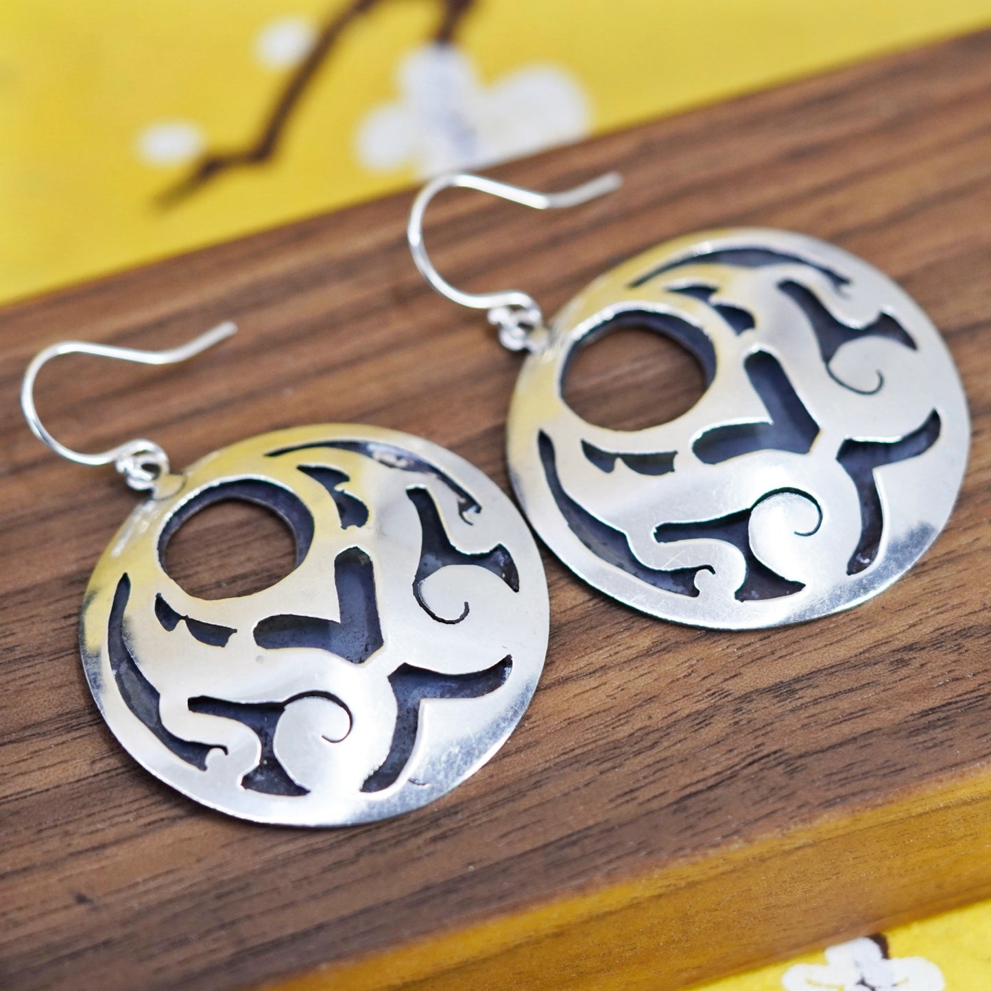 Vintage Mexico taxco Sterling silver handmade earrings, huge 900 circle dangle