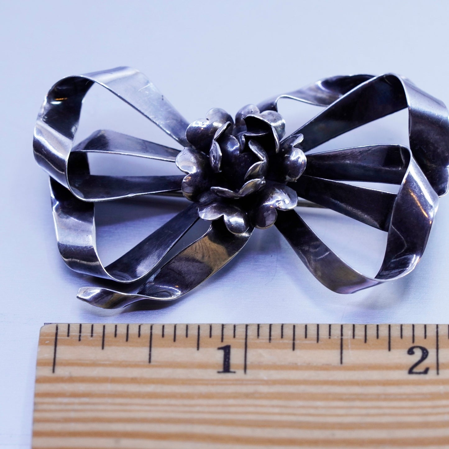 Vintage sterling silver handmade brooch, 925 rose flower ribbon pin