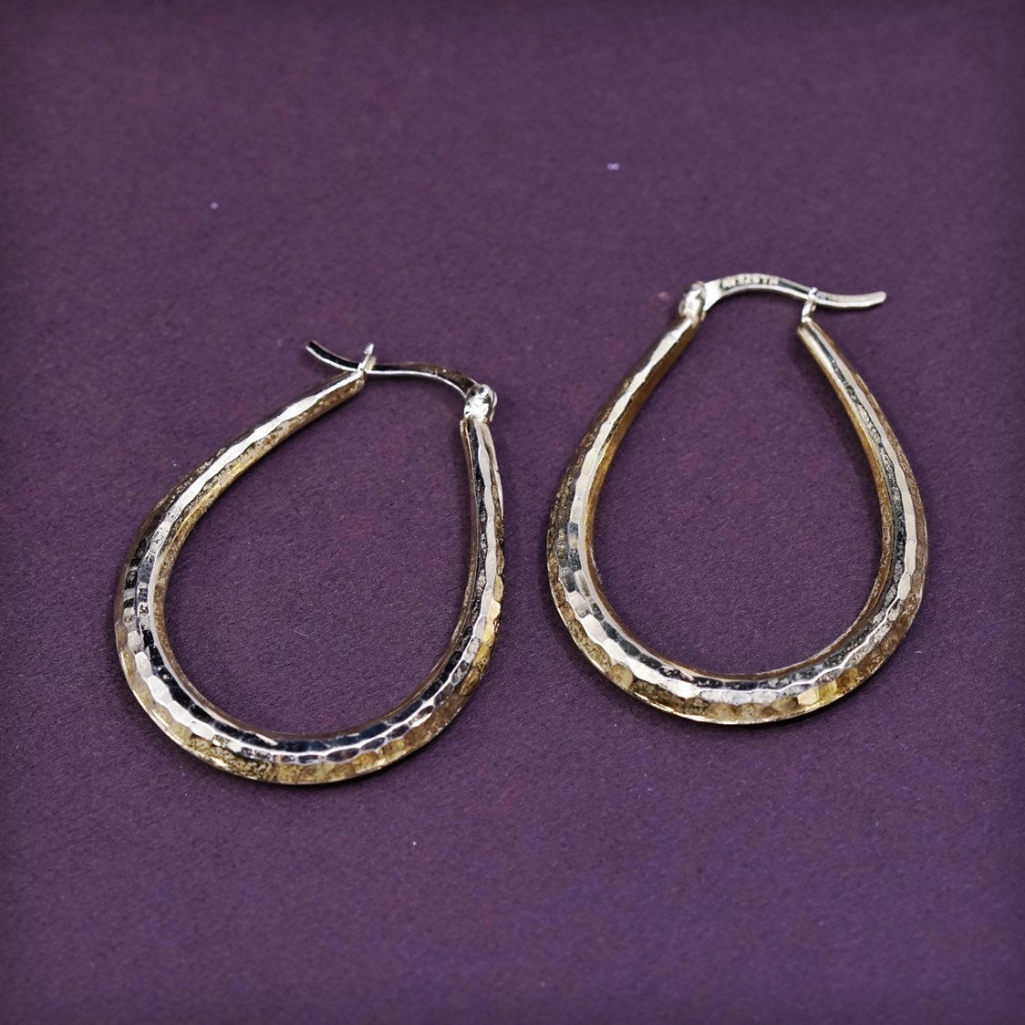 1.5", vtg vermeil gold over Sterling silver hoops, 925 textured earrings
