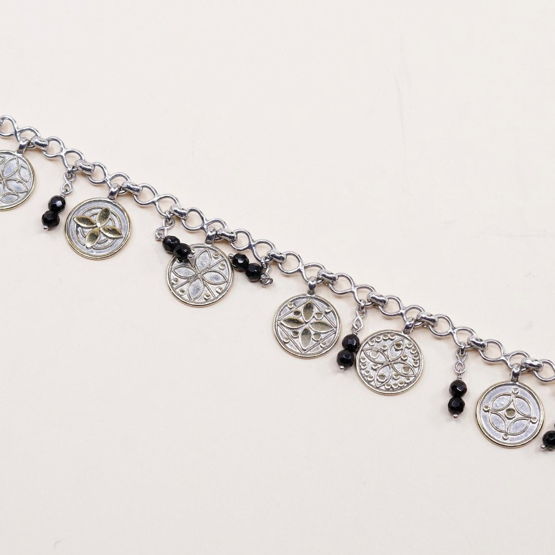 7.25”, VTG 22k gold sterling silver handmade bracelet, 925 circle disk chain