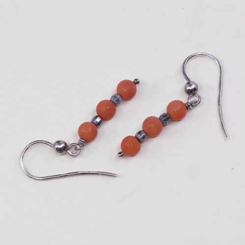 Vtg Southwestern Sterling 925 Silver Handmade Earrings W/ Coral Bead Dangles