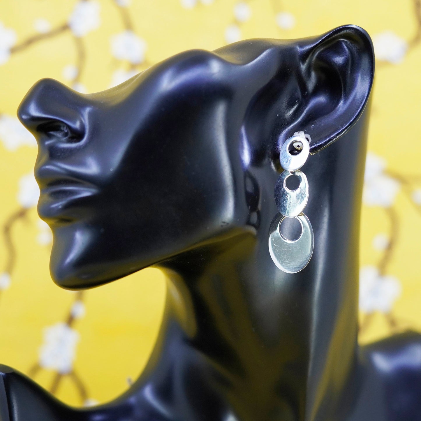 Vintage Sterling silver handmade earrings, 925 oval disc dangle