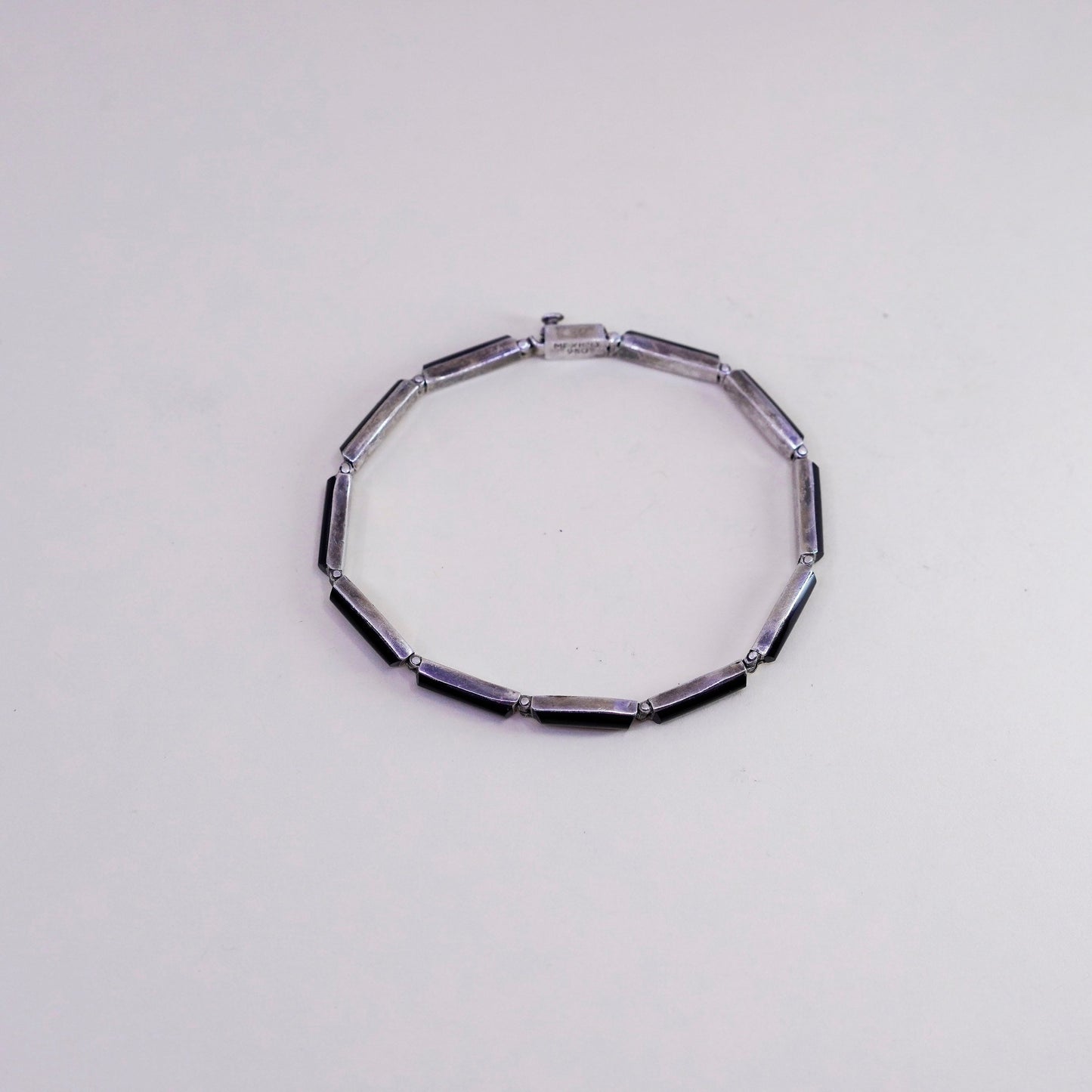 6.75”, Vintage mexico escocia Sterling 950 silver handmade bar bracelet onyx
