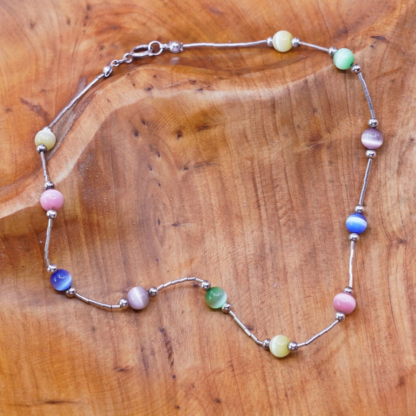 13”, Sterling 925 liquid silver handmade choker collar necklace cat’s eye beads