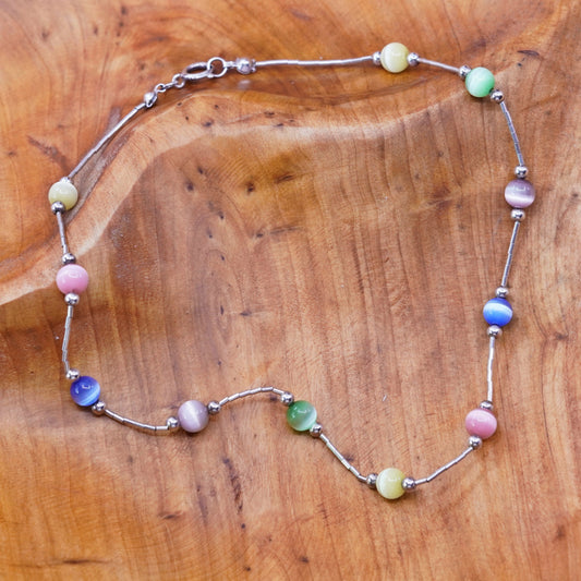 13”, Sterling 925 liquid silver handmade choker collar necklace cat’s eye beads