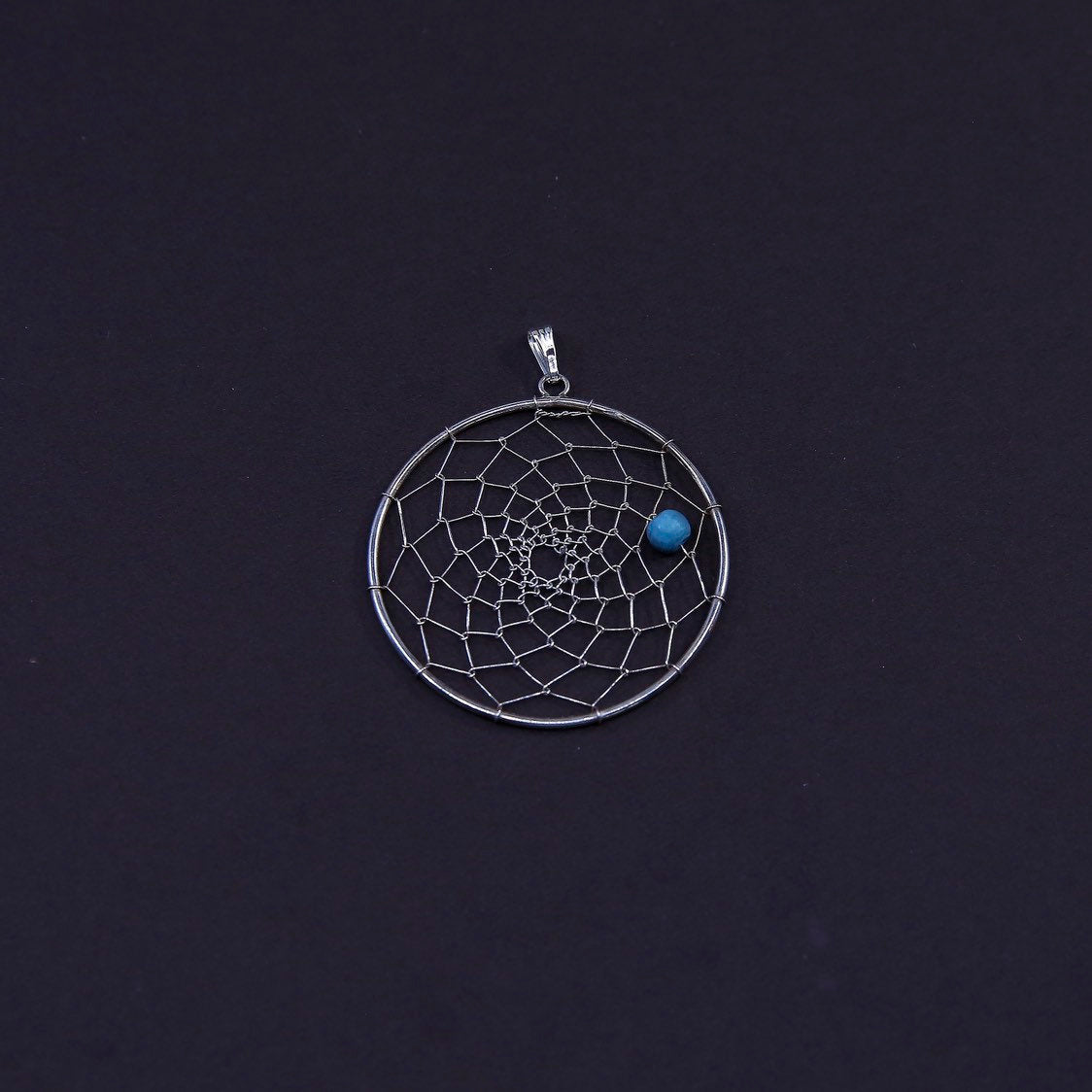 vtg Sterling silver handmade pendant with turquoise, 925 silver swirl net