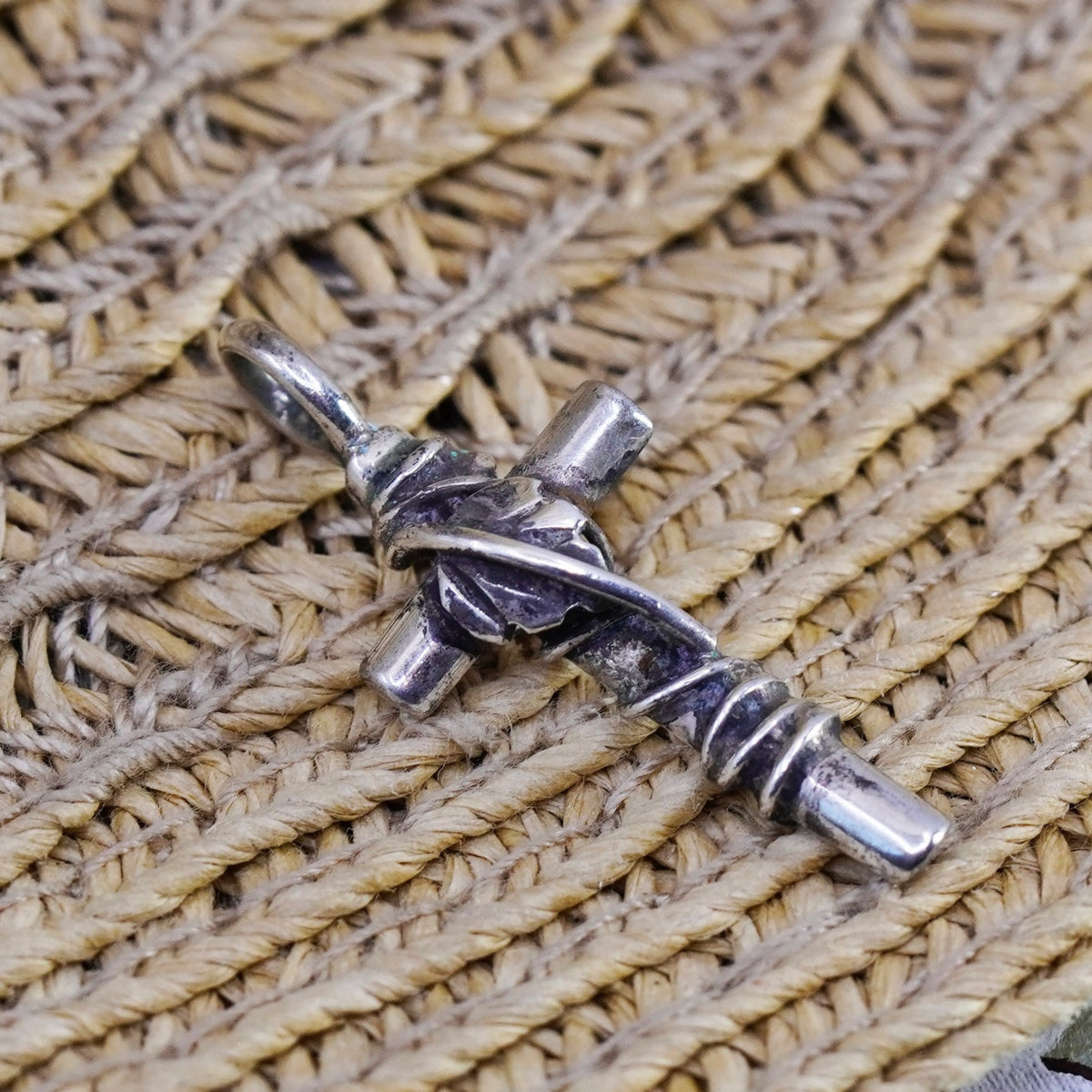 Vintage Sterling silver handmade pendant, 925 wired cross with leaf