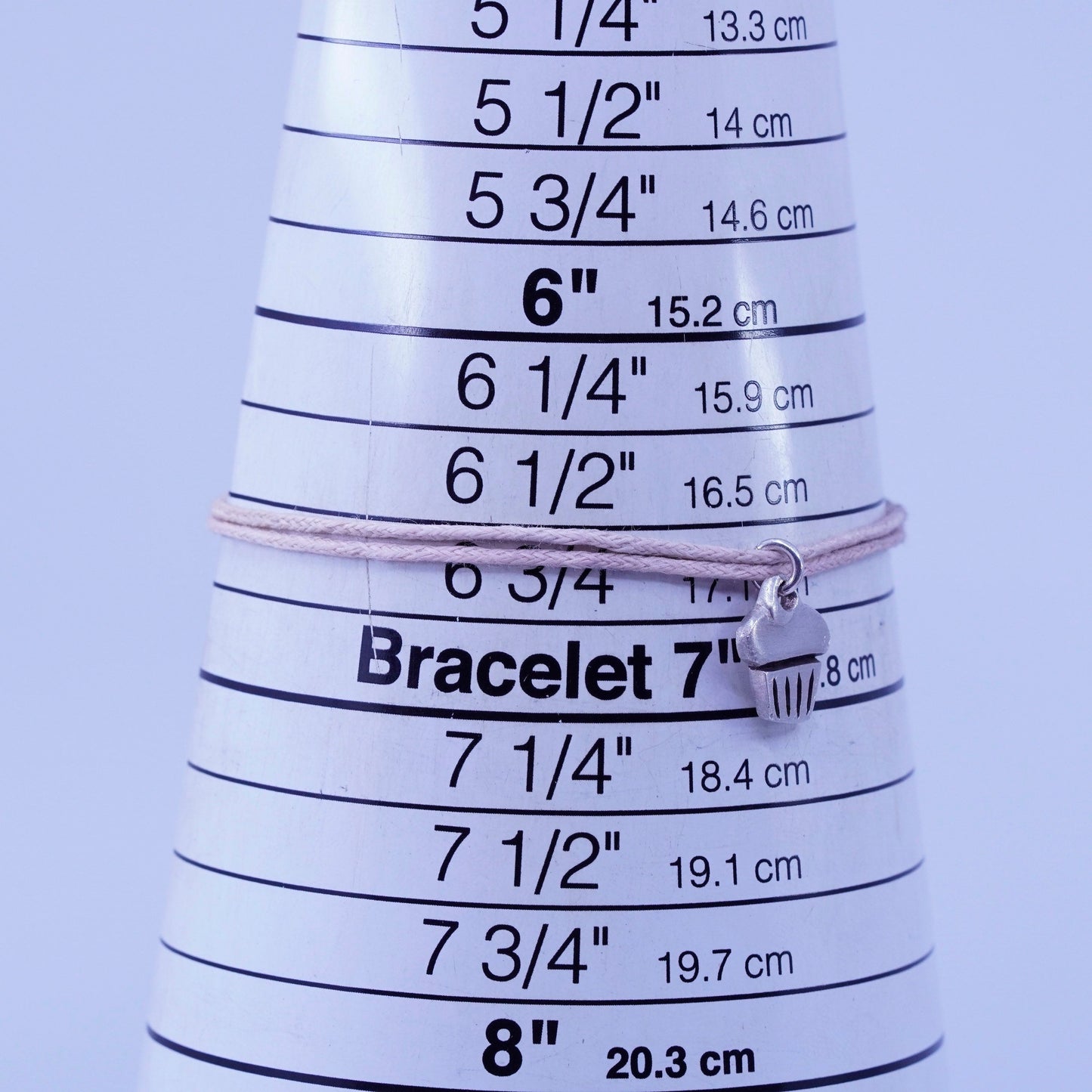 6.75”, sterling 925 silver handmade bracelet with linen thread cupcake charm